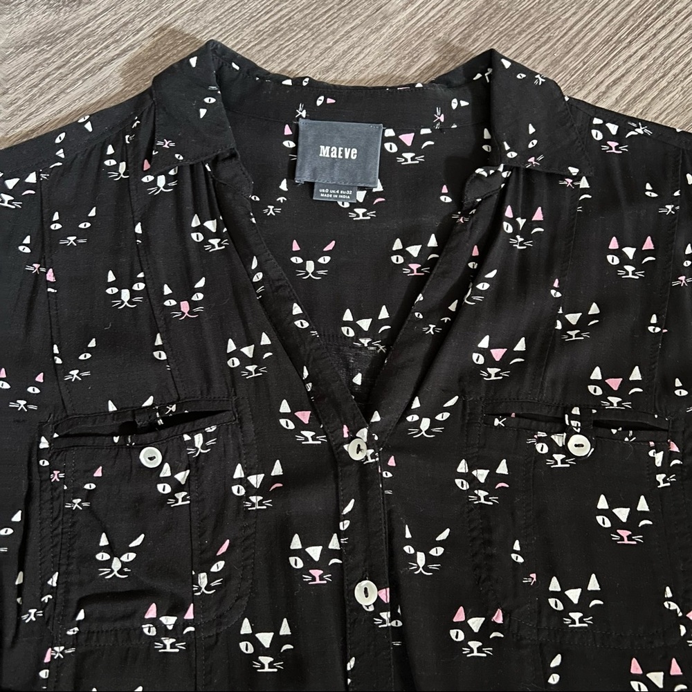 Maeve Anthropologie Button down Cat Print blouse